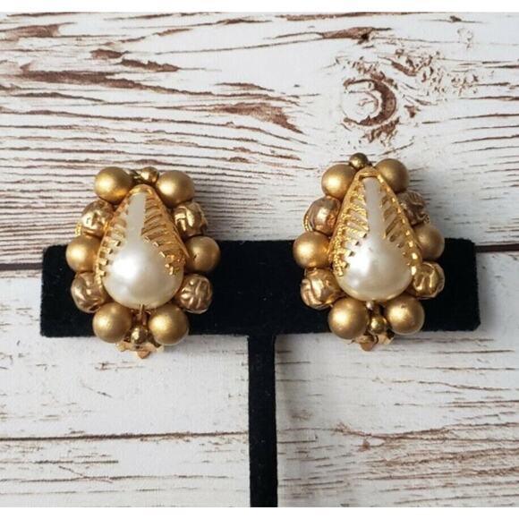 Vintage Jewelry - Vintage Clip On Earrings - Unusual Teardrop Shape Faux Pearl & Gold Tone